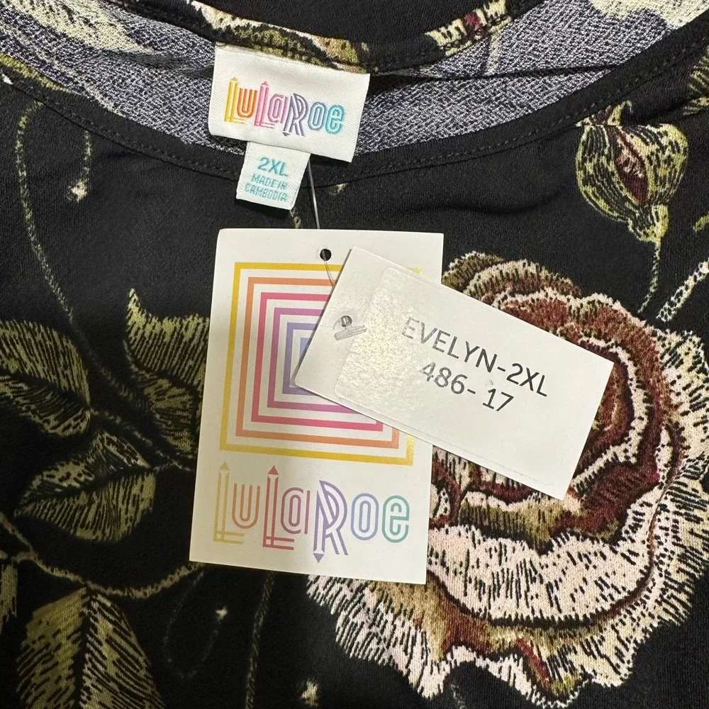 LuLaRoe Evelyn Smocked Waist Maxi Dress 2XL Black Floral Tiered Pockets NWT - Picture 7 of 8